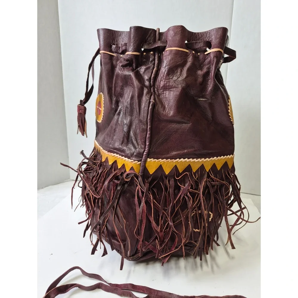 Vintage Handmade Leather Fringe Medicine Bag Drawstring Pouch Burgundy Boho